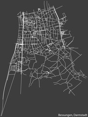 Detailed negative navigation white lines urban street roads map of the BESSUNGEN DISTRICT of the German regional capital city of Darmstadt, Germany on dark gray background