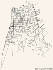 Detailed navigation black lines urban street roads map of the BESSUNGEN DISTRICT of the German regional capital city of Darmstadt, Germany on vintage beige background
