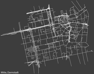Detailed negative navigation white lines urban street roads map of the DARMSTADT-MITTE DISTRICT of the German regional capital city of Darmstadt, Germany on dark gray background