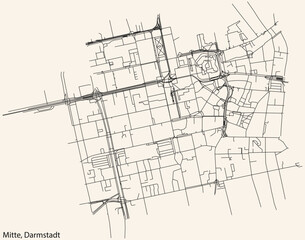 Detailed navigation black lines urban street roads map of the DARMSTADT-MITTE DISTRICT of the German regional capital city of Darmstadt, Germany on vintage beige background