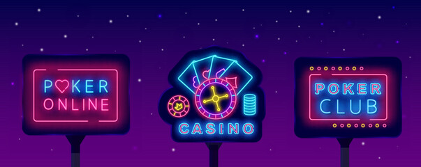 Casino neon signs collection. Poler online club label. Playing cards and roulette emblem. Vector stock illustration