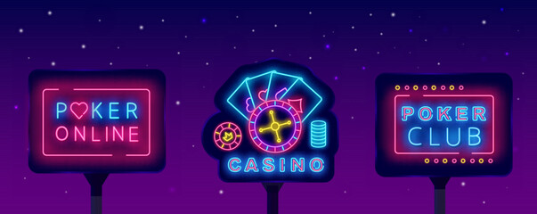 Obraz premium Casino neon signs collection. Poler online club label. Playing cards and roulette emblem. Vector stock illustration
