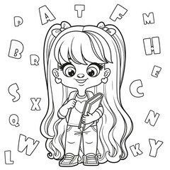 Cute cartoon longhaired girl holding textbook and school backpack coloring page on a white background