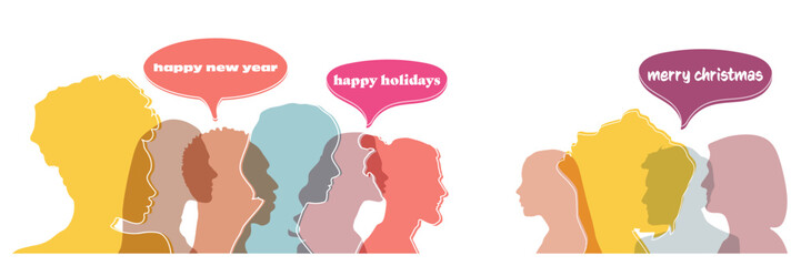 Man and woman head silhouettes with colorful speech bubbles with text Merry Christmas, happy holidays