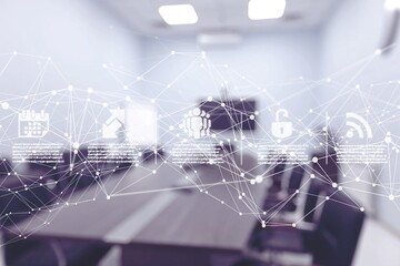 Icons with network of connections, office and data processing. global networks, digital interface and data processing concept digitally generated image.