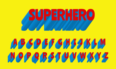 3D Superhero font design, red and blue colors, comic style alphabet with capital letters