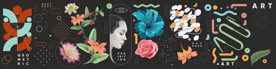 Trendy abstract art templates with floral and geometric elements. Vector fashion backgrounds. Paintings for interior. Women's faces in flowers. Suitable for social media posts, cover, banners design. © Molibdenis-Studio