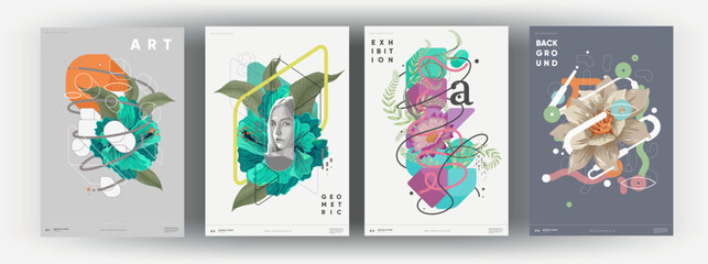 Trendy abstract art templates with floral and geometric elements. Vector fashion backgrounds. Paintings for interior. Women's faces in flowers. Suitable for social media posts, cover, banners design. © Molibdenis-Studio