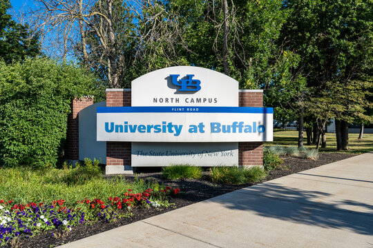 Amherst, NY - July 29, 2022: Sign at the Flint Road entrance to University at Buffalo North Campus of The State University of New York. UB is one of America’s leading public research universities.