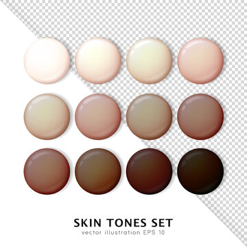 Set of 12 human skin tone templates. Realistic palette of various skin colors isolated on white and transparent background. 3d rendered circles of face and body complexion swatches, tan level
