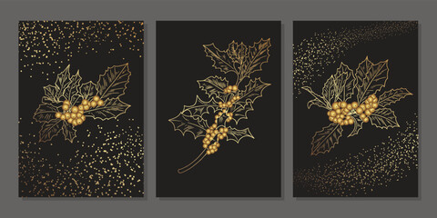 Set of luxury Сhristmas gold wall art. Golden shiny holly tree branches. Minimalist linear plant with glitter effect on black background