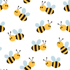 Cute seamless bee pattern. Childish texture on white background. Vector illustration.
