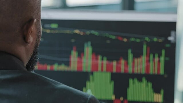 Behind view african businessman IT technical specialist trader software programmer look at digital screen with graphics charts data analysis. Concept of bitcoin cryptocurrency and stock market trading