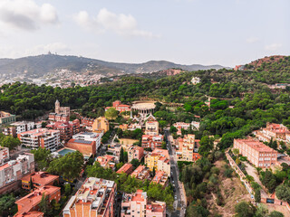 Drone shot Park Guell in Barcelona. Panoramic view of the city of Barcelona. Spain from drone. Park...