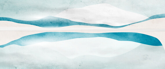 Fototapeta premium Landscape art background in watercolor style with mountains in winter. Vector banner for decoration design, print, wallpaper, packaging