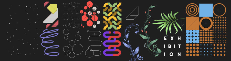 Abstract geometric objects, tropical plants. Set of elements for design. Vector illustrations. Bauhaus style and floral elements.