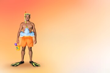 Tourist man ready to travel on weekends. Summer vacation sea rest sun tan concept