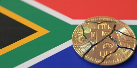Broken bitcoin on the flag of South Africa. Legal issues and cryptocurrency regulations problems concepts, 3d rendering