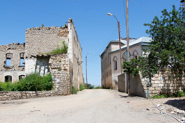 Shusha city after the Karabakh war. War destroyed houses and buildings