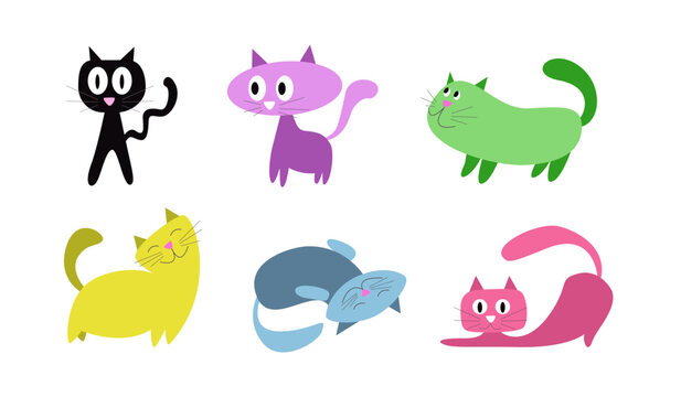 Different cartoon cats set. Simple flat style vector illustration.