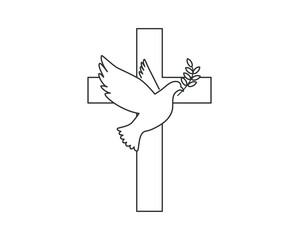 Dove flying with a Symbol of Religion. Cross. Dove Of Peace. Vector. Holy Spirit. Church logo.