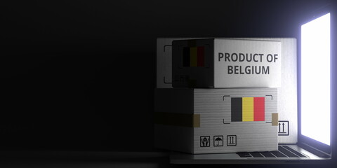 Cartons with PRODUCT OF BELGIUM text and flag on the laptop, black background. 3D rendering