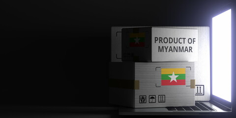 PRODUCT OF MYANMAR text and flag sticker on the boxes on the laptop on dark background. 3D rendering