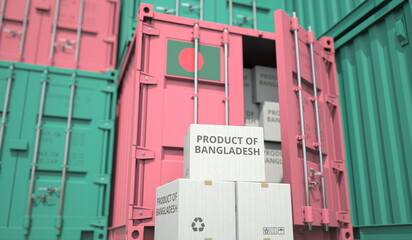 Cartons with goods from Bangladesh and shipping containers in the port terminal or warehouse. National production related conceptual 3D rendering