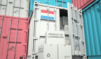 Cartons with goods from Luxembourg and shipping containers in the port terminal or warehouse. National production related conceptual 3D rendering