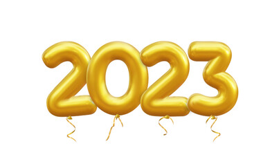 Golden number 2023 balloons. Realistic 3d helium gold balloons with ribbons. Vector design party decoration, birthday, anniversary, Christmas, New Year, Xmas, holiday sale, celebration, carnival.