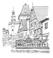 Sketch of Rothenburg ob der Tauber, Bavaria, Germany. Hand drawing. Urban sketch in black color on white background. Medieval building line art. Freehand drawing. Hand drawn travel postcard. 