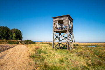Fototapeta na wymiar Abandoned bird observatory, Bradwell-on-Sea, Essex. overlooking the coastal salt marshes.