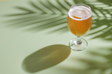 a glass of beer on a light green background with a shadow from a palm tree, top view