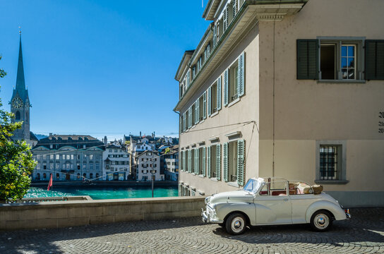 ZURICH, SWITZERLAND - SEPTEMBER 3, 2013: An old convertible Morris Minor car in the historic center of Zurich, Switzerland