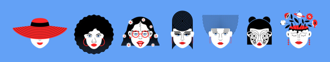 Set fashion design face girls with different hairstyle in minimalistic style vector illustration