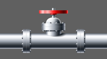 Metal pipeline with red valve 3d realistic style vector illustration