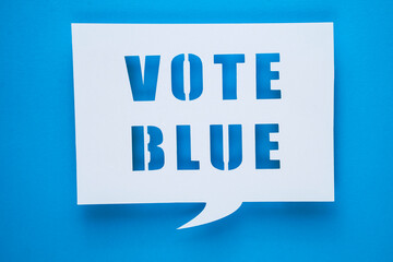 Vote blue text design with letter cutouts . Elections in the United States. US mid-term elections, race for Congress. United States Senate elections