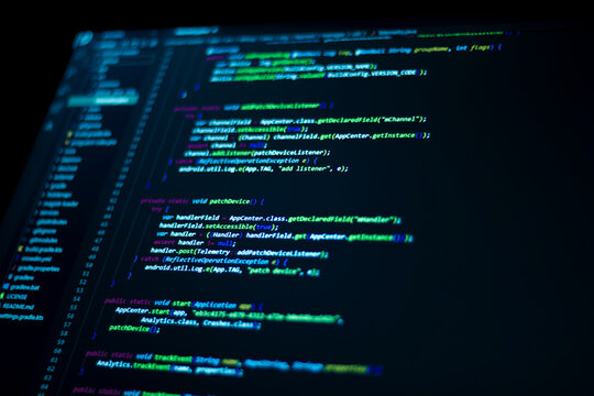 Code background. Android application programming code with Java language coding is on the screen.