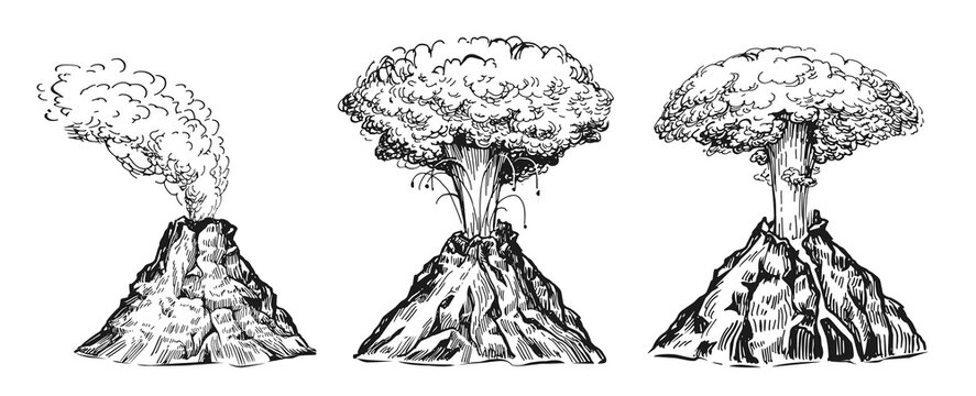 Mountain volcano activity with magma and smoke. Natural disaster, volcano eruption with lava. Sketch vintage vector