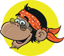 monkey head, motorcycle, hippie, head scarf, bandana, monkey with glasses, cartoon monkey