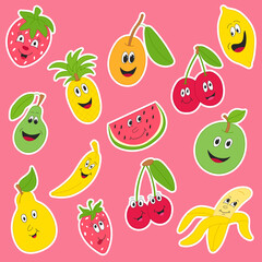 set of cartoon funny fruit stickers with faces