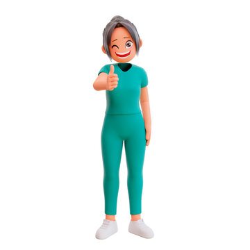3d render cute nurse showing thumbs up  