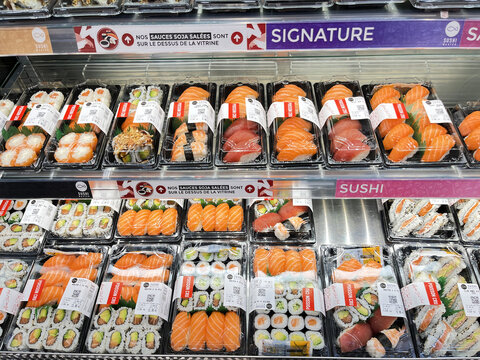 FRANCE - AUG 11, 2022: Fresh sushi for sale at French supermarket