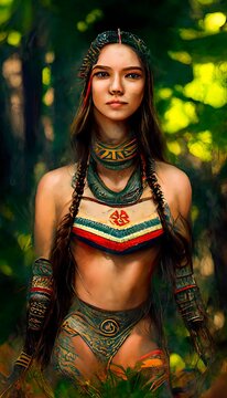 Portrait of an Aztec woman against a background of nature. Aztecs in traditional Aztec clothing. Perfect for phone wallpaper or for posters.