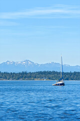 sailboat on the inlet lake surrounded by mountains