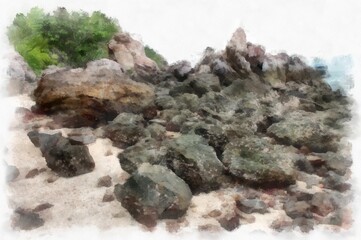 landscape of sea and rocky beach watercolor style illustration impressionist painting.
