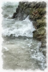 landscape of sea and rocky beach watercolor style illustration impressionist painting.