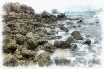 landscape of sea and rocky beach watercolor style illustration impressionist painting.