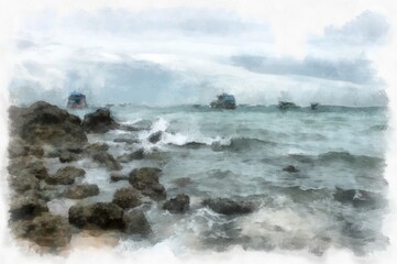 landscape of sea and rocky beach watercolor style illustration impressionist painting.