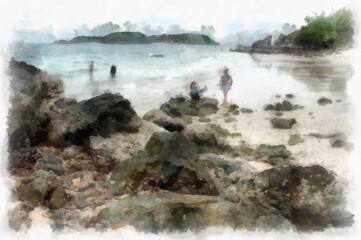 landscape of sea and rocky beach watercolor style illustration impressionist painting.